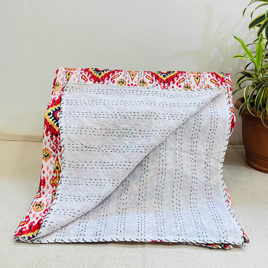White and Red Diamond Print Kantha Bedcover | Handmade & Elegant