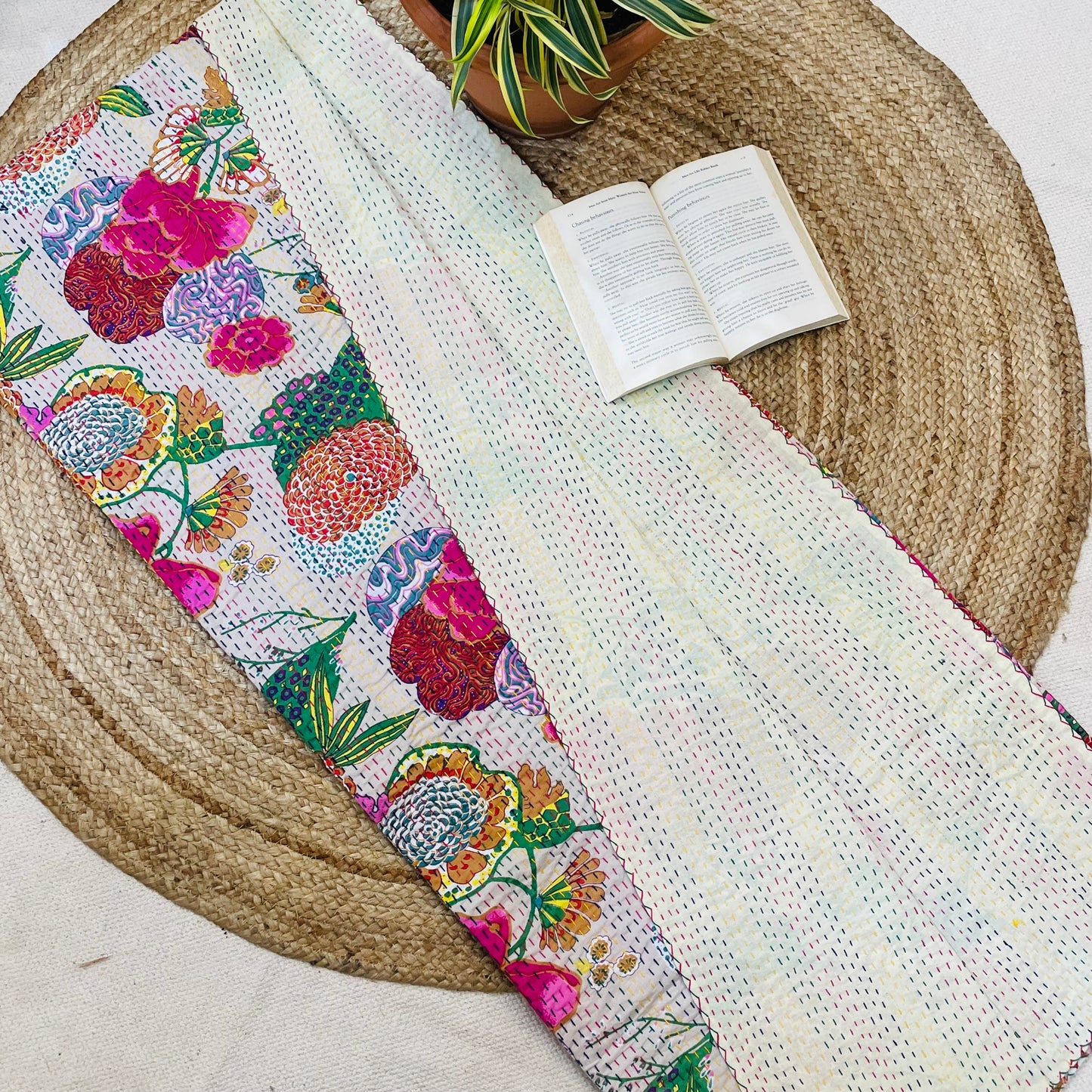 White Abstract Fruit Print Kantha Bedcover | Handmade & Stylish