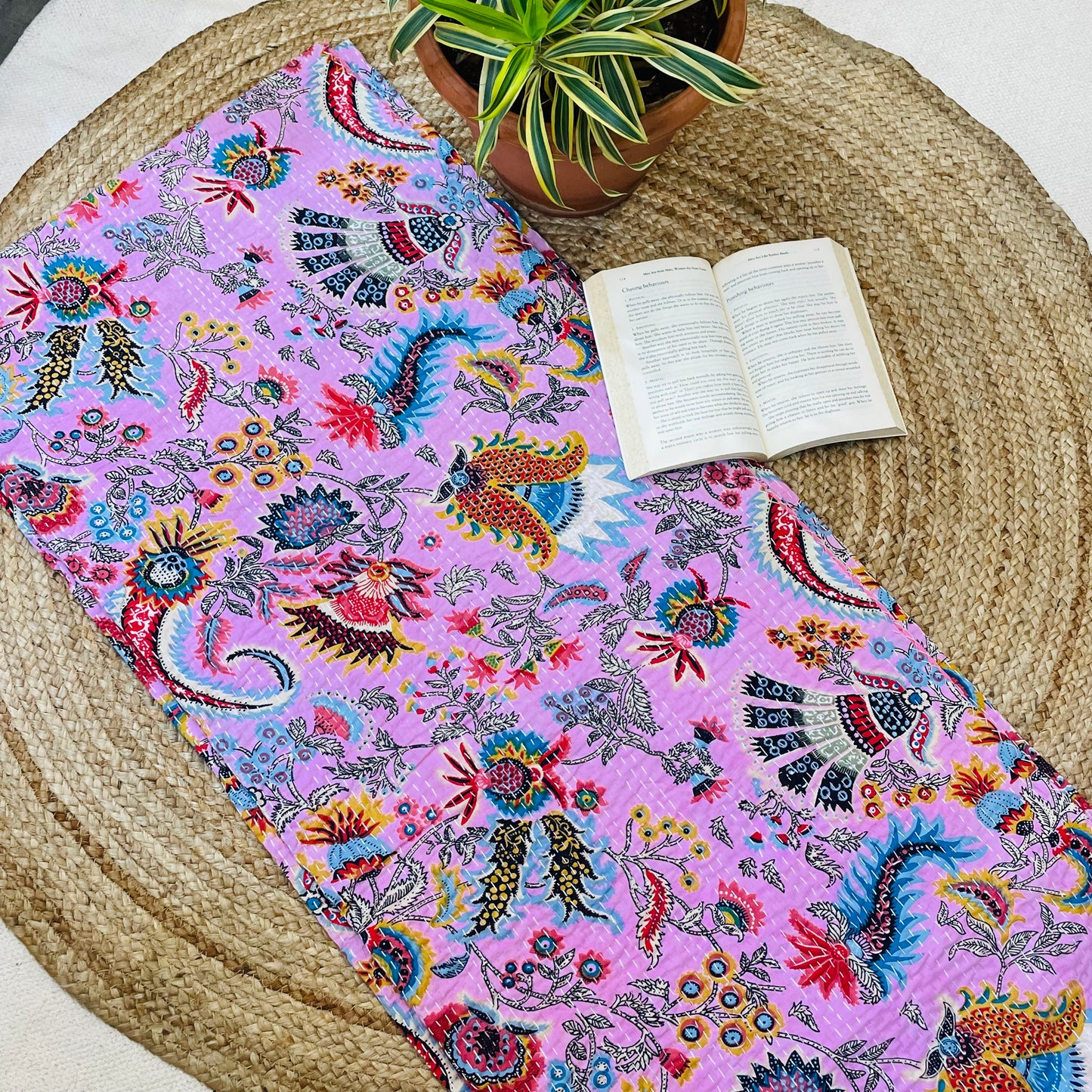 Pink Abstract Dragon Print Kantha Bedcover | Handmade & Artistic