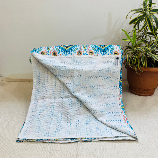 White and Sky Blue Diamond Print Kantha Bedcover | Handmade & Elegant