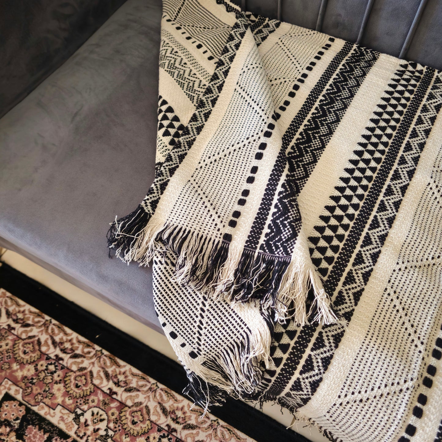 Black and White Boho Handwoven Cotton Sofa Cover – Stylish & Durable