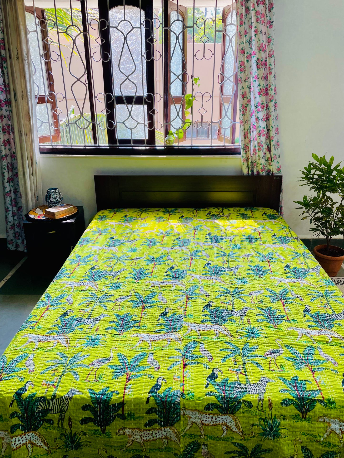 Bright Green Animal Print Kantha Bedcover | Reversible & Handmade