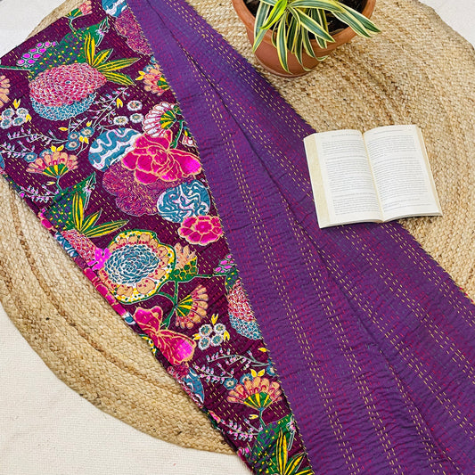 Purple Abstract Fruit Print Kantha Bedcover | Reversible & Handmade