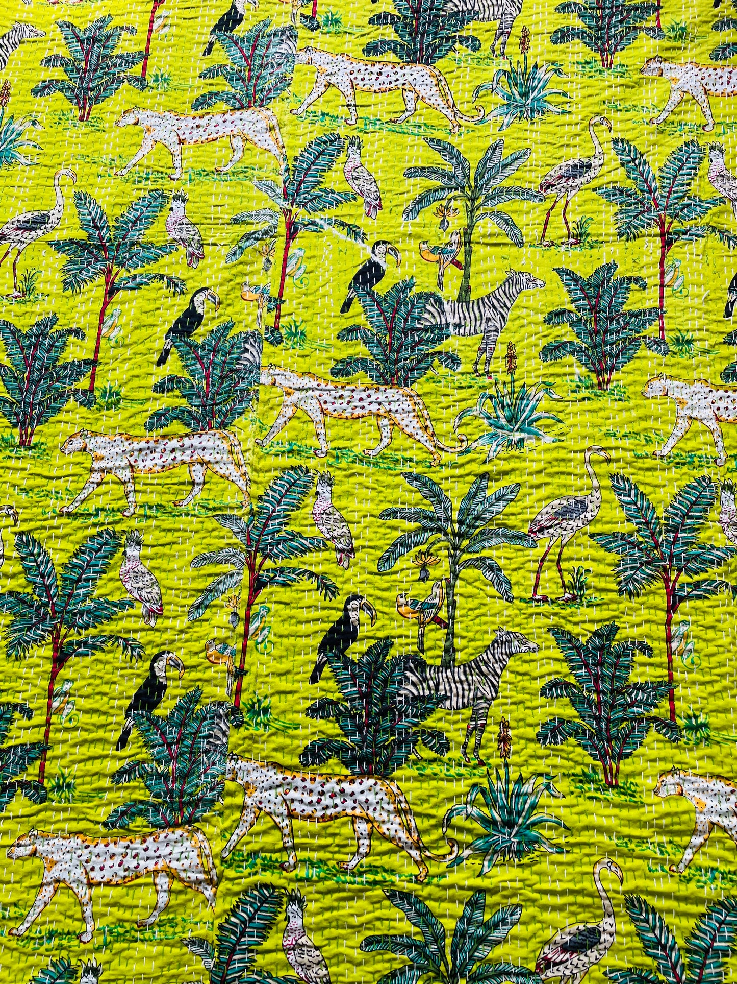 Bright Green Animal Print Kantha Bedcover | Reversible & Handmade
