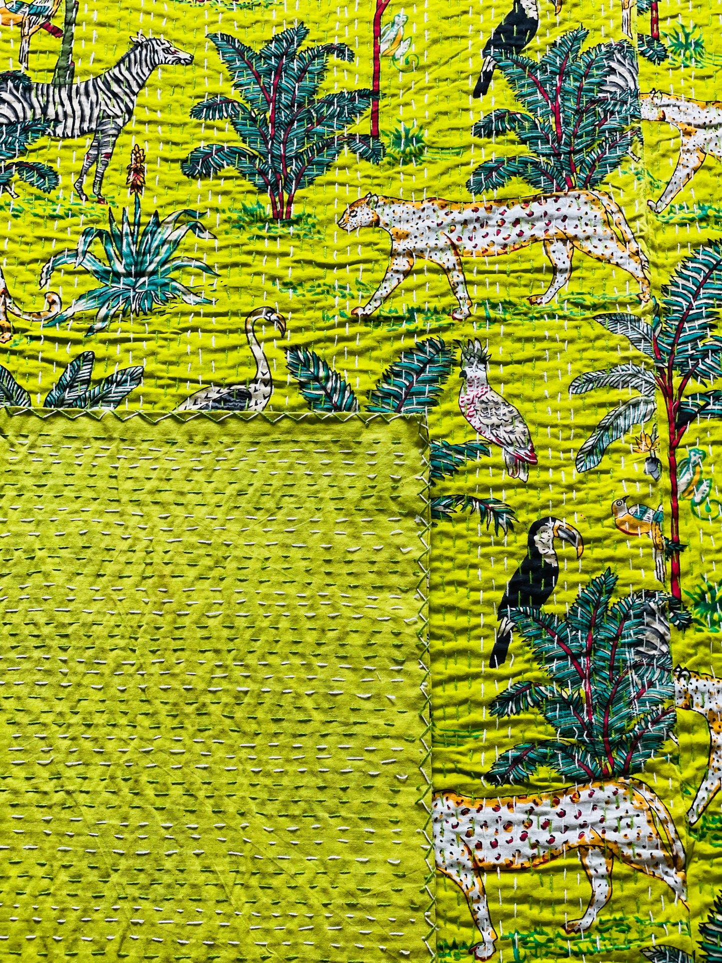Bright Green Animal Print Kantha Bedcover | Reversible & Handmade