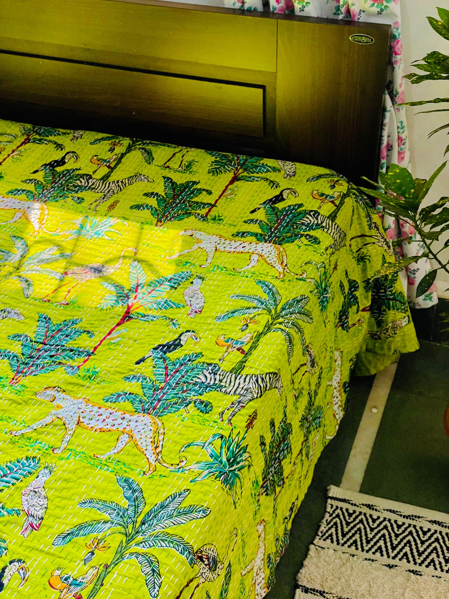 Bright Green Animal Print Kantha Bedcover | Reversible & Handmade
