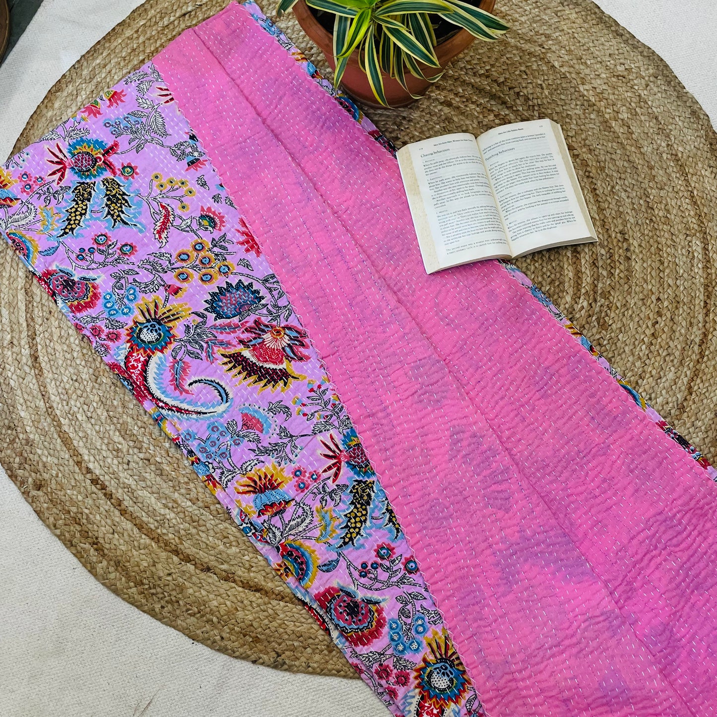 Pink Abstract Dragon Print Kantha Bedcover | Handmade & Artistic