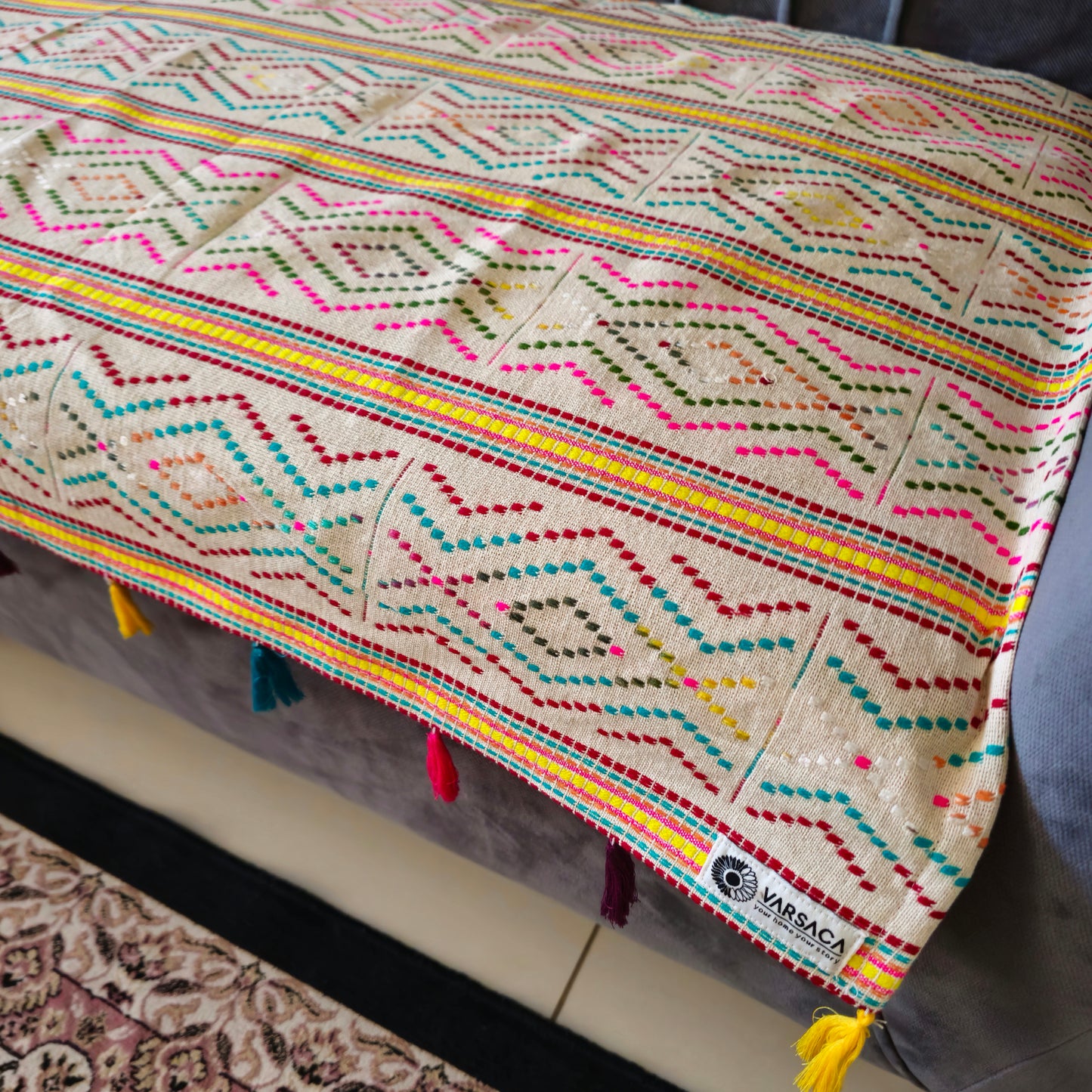 Beige Sofa Cover with Multicolor Thread Work and Tassels – Handwoven, Soft, and Durable
