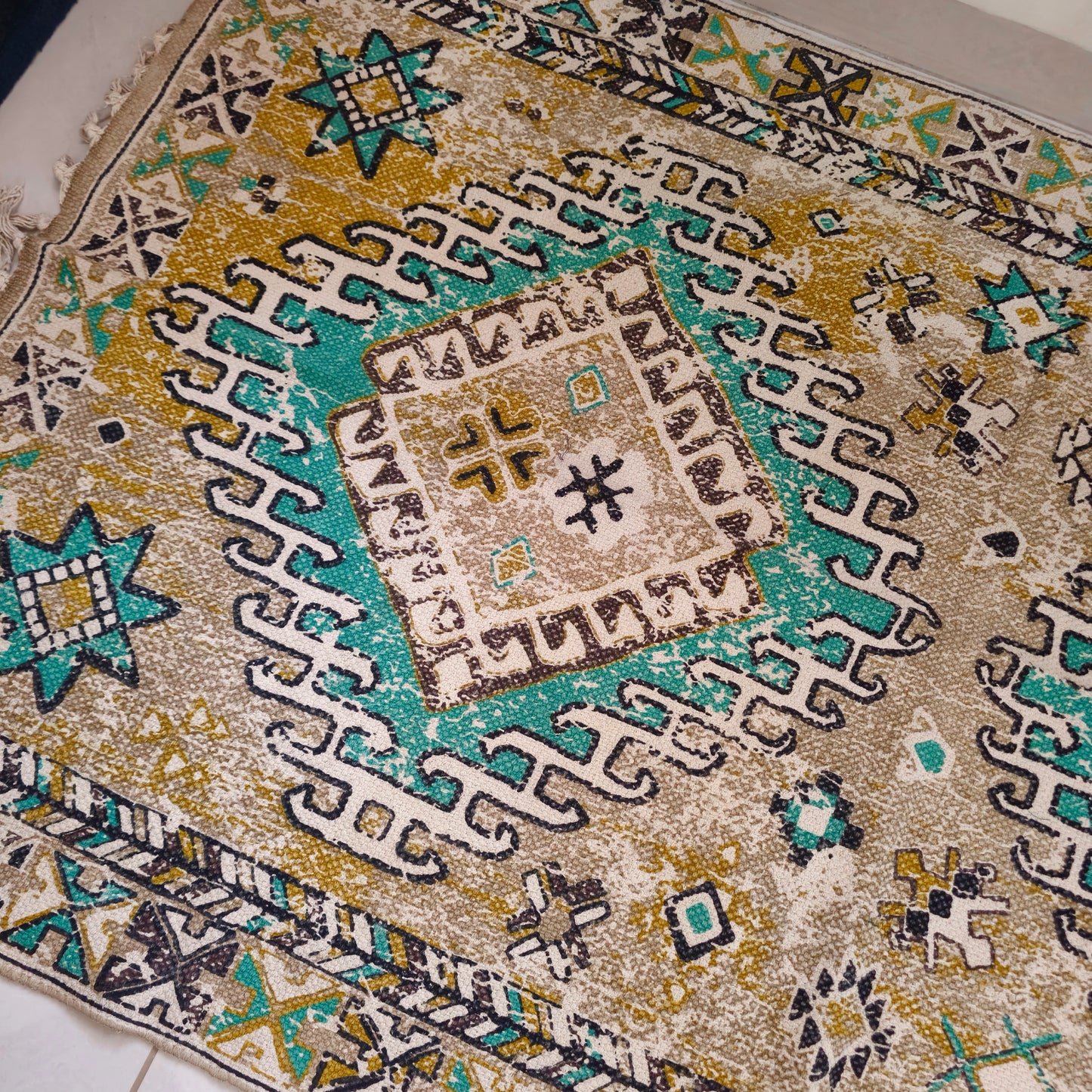 5x3 ft Light Green & Yellow Persian Pattern Cotton Dhurrie Rug – Handwoven & Stylish