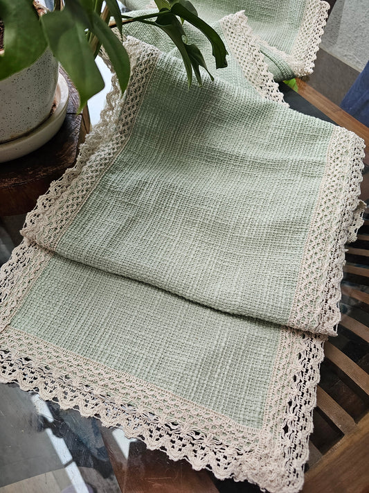 sage green cotton table runner with lace