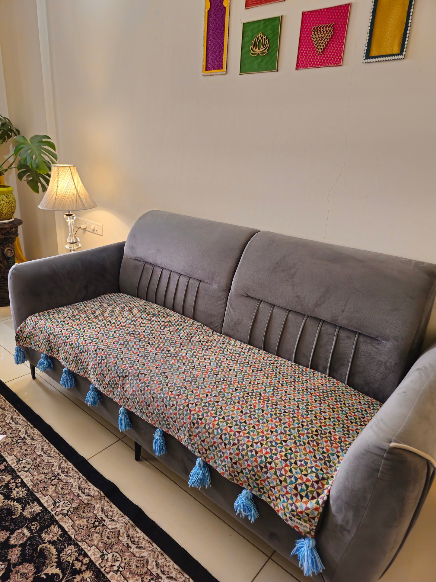 sky blue checkered sofa cover