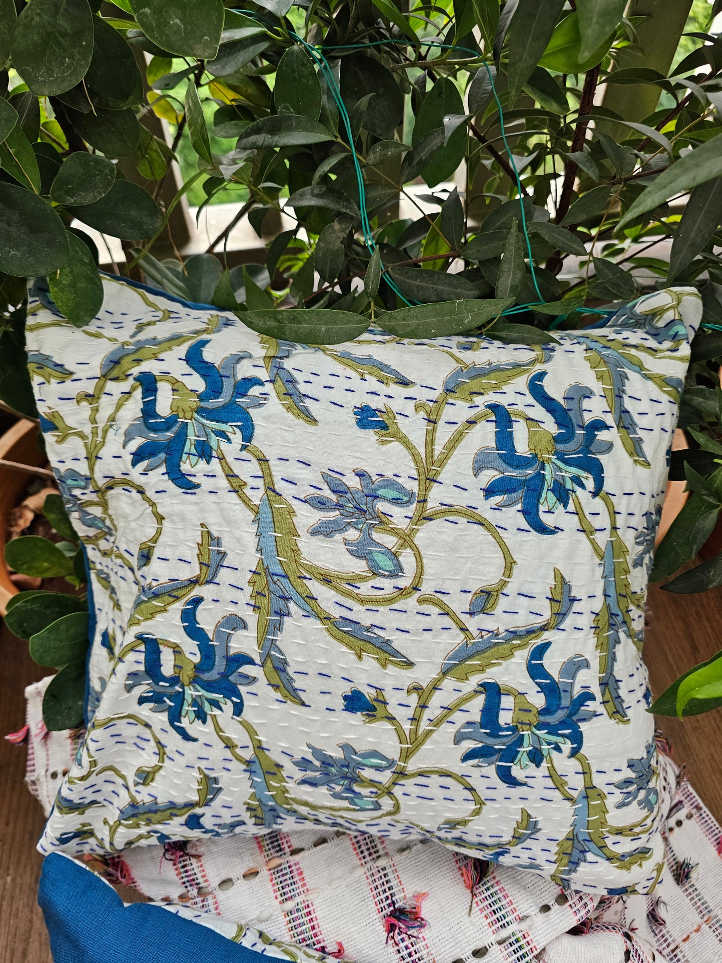 white Kantha cushion cover