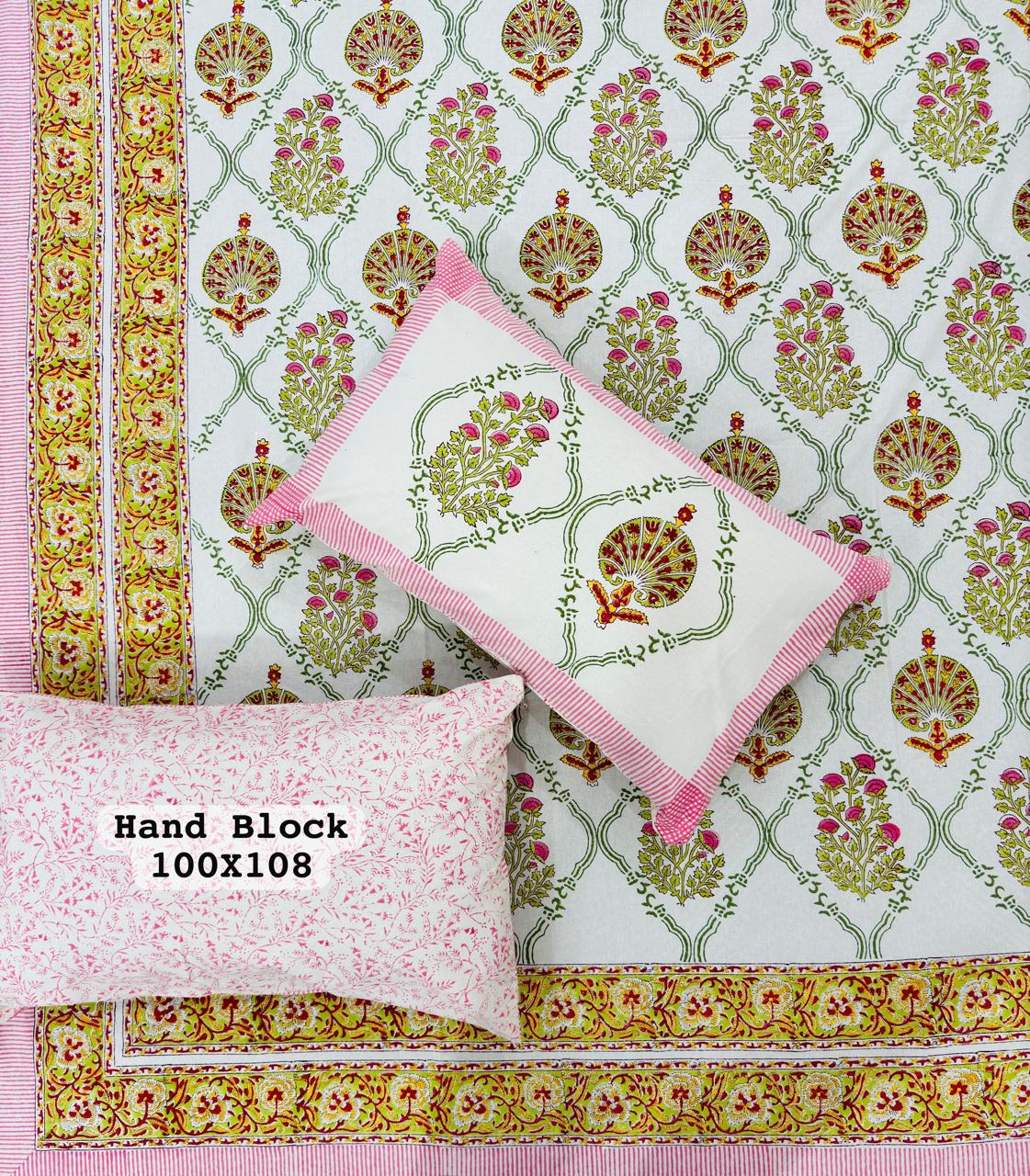 white floral block printed bedsheet