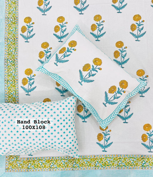 yellow and blue floral bedsheet block print