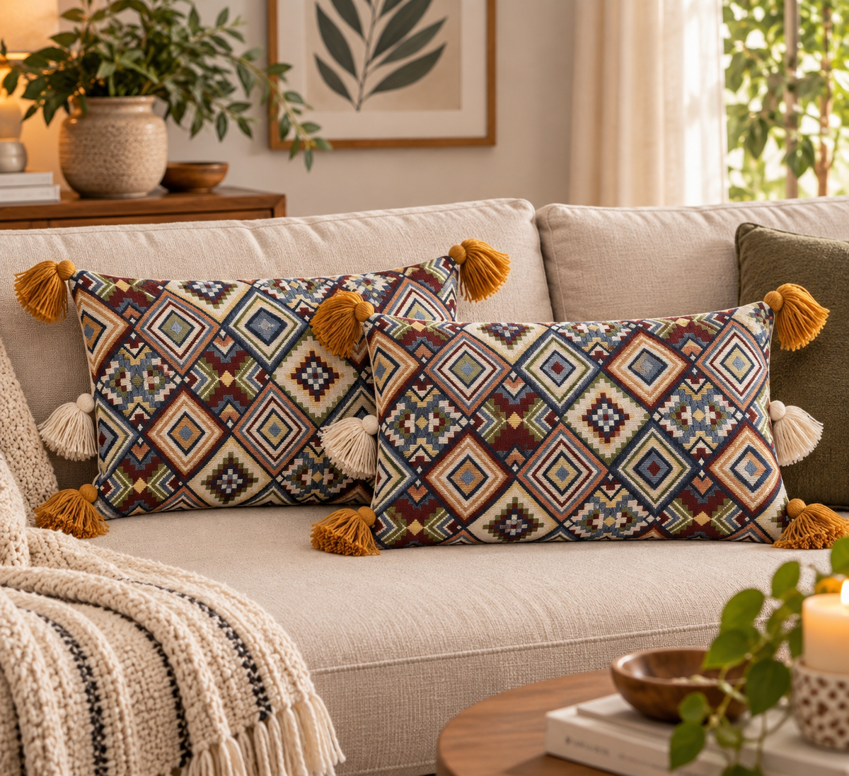 Rangrez Diamond | Multicolour Geometric Cotton Lumbar Cushion Cover