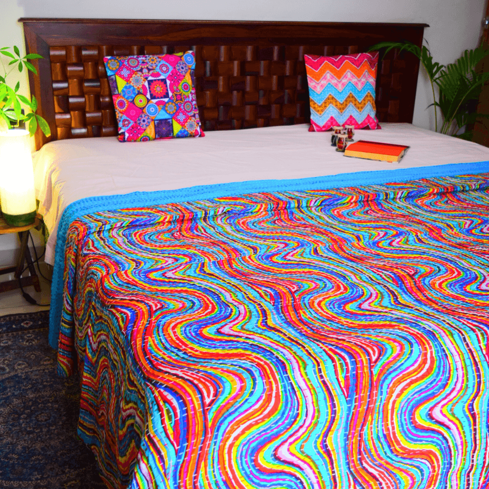 Rainbow Kantha Work  King Size Bed Cover