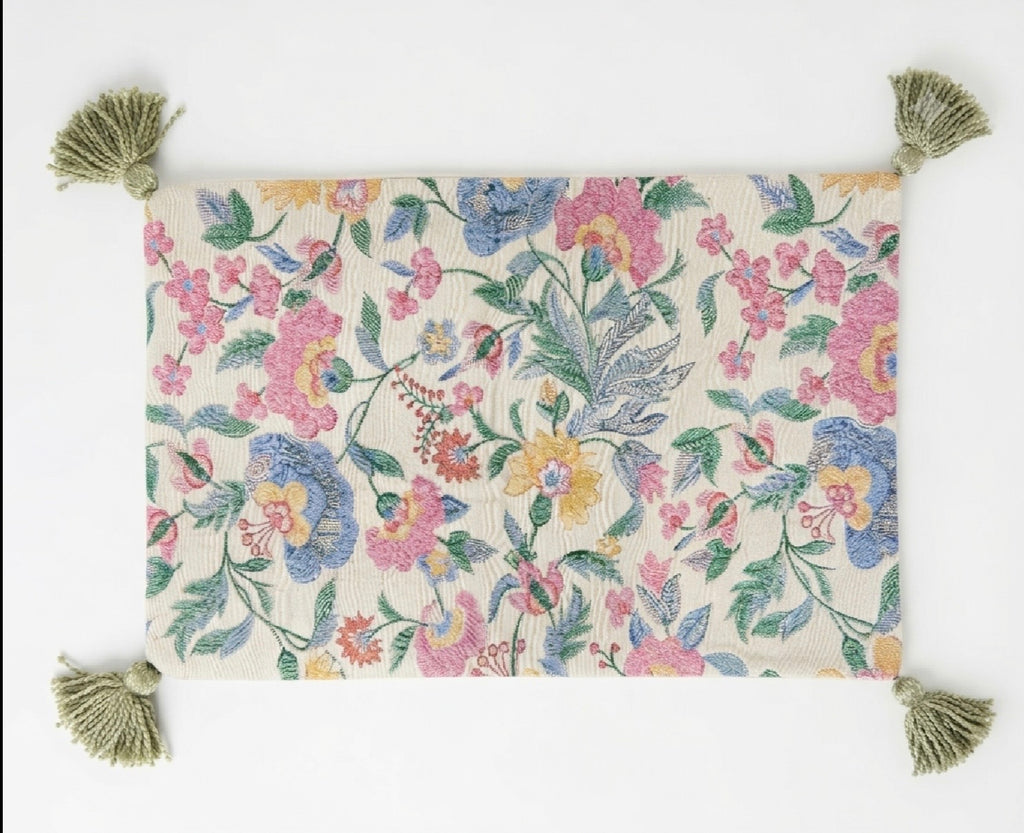 Floral Cotton Lumbar Cushion Cover | Tasseled Botanical Pillow Case