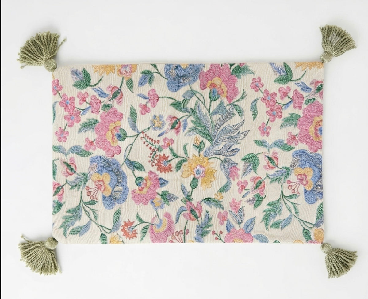 Floral Cotton Lumbar Cushion Cover | Tasseled Botanical Pillow Case