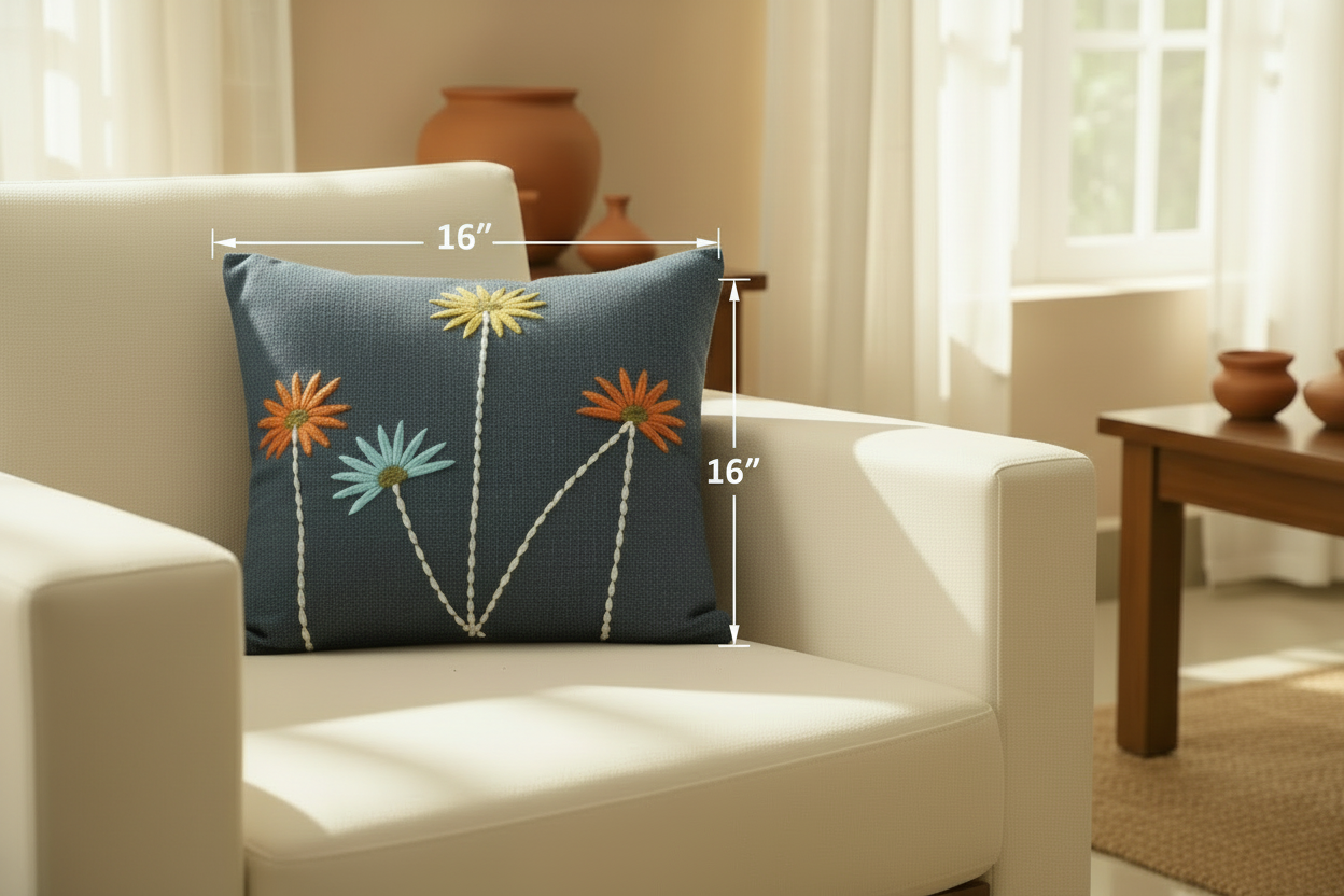 Hand Embroidered Wind bloom Cushion Cover | Bespoke artisan crafted handloom Navy Blue Cotton