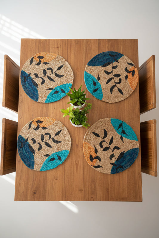 15" Hand-Painted Abstract Leaves Jute Mat