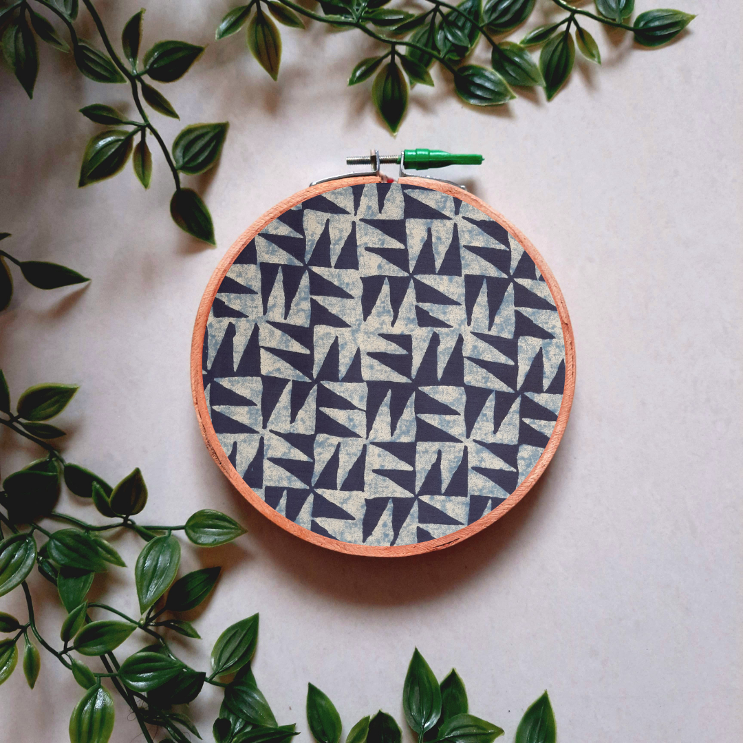 Indigo Blue and White Spike Print Embroidery Hoop | Upcycled Fabric | Handmade Wall Decor