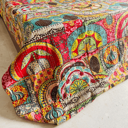 Abstract Print Colourful Kantha King Size Bed Cover