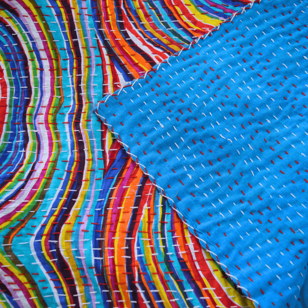 Rainbow Kantha Work  King Size Bed Cover