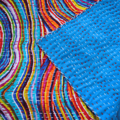 Rainbow Kantha Work  King Size Bed Cover