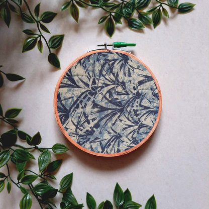 White and Indigo Blue Leaf Print Embroidery Hoop | Upcycled Fabric | Handmade