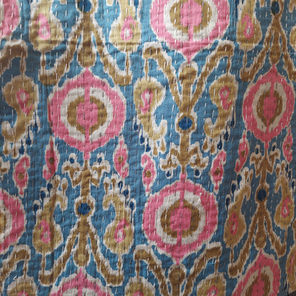 Handmade Kantha Work Ikkat Print Pink and Sky Blue Blackout Curtain | Unique Traditional Design