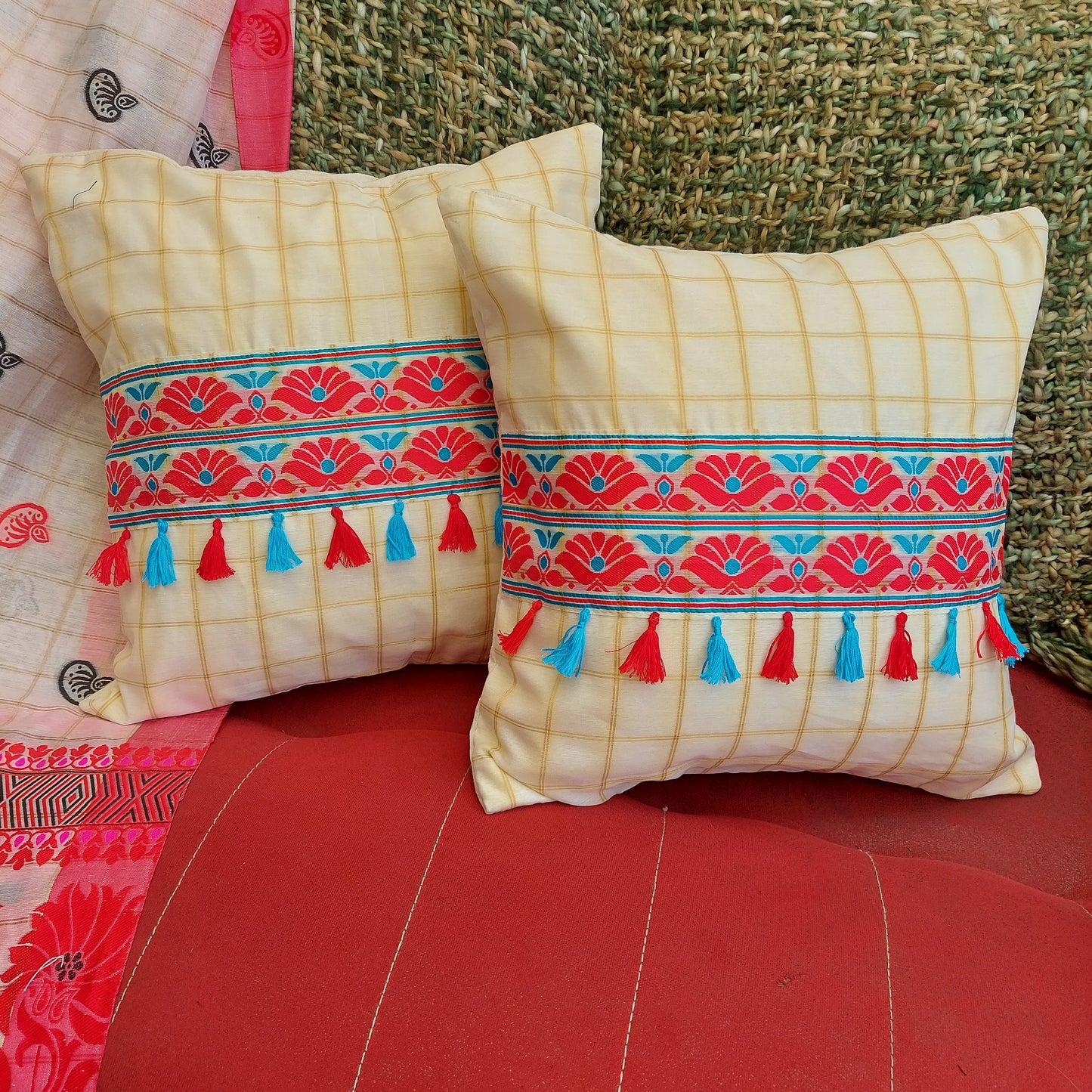 Assamese Cotton Silk Handcrafted Cushion Cover  | 16 x 16 Inch