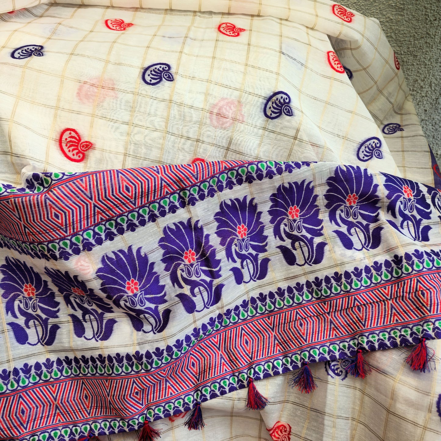 Red and Purple Assamese Handloom Sheer Curtain with Kolka and Japi Motifs | Cotton-Silk Blend