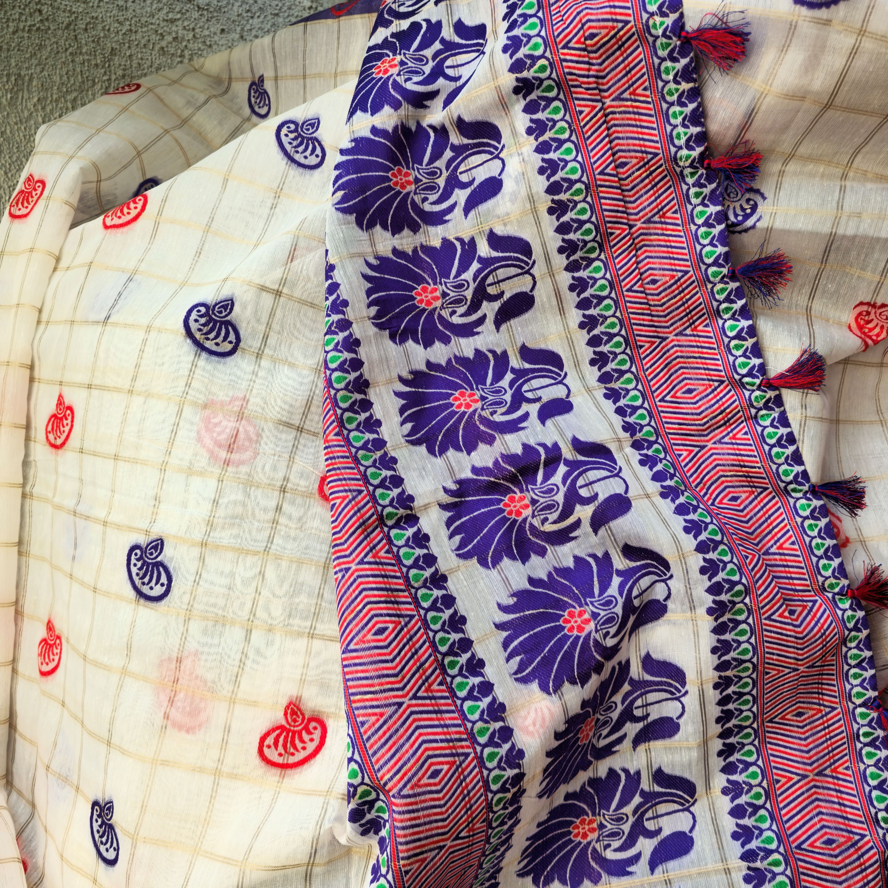 Red and Purple Assamese Handloom Sheer Curtain with Kolka and Japi Motifs | Cotton-Silk Blend