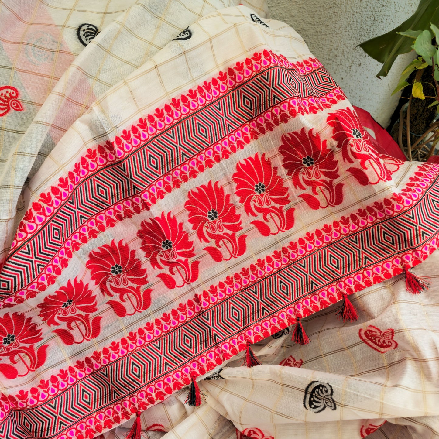 Red and Black Assamese Handloom Sheer Curtain with Kolka and Japi Motifs | Cotton-Silk Blend