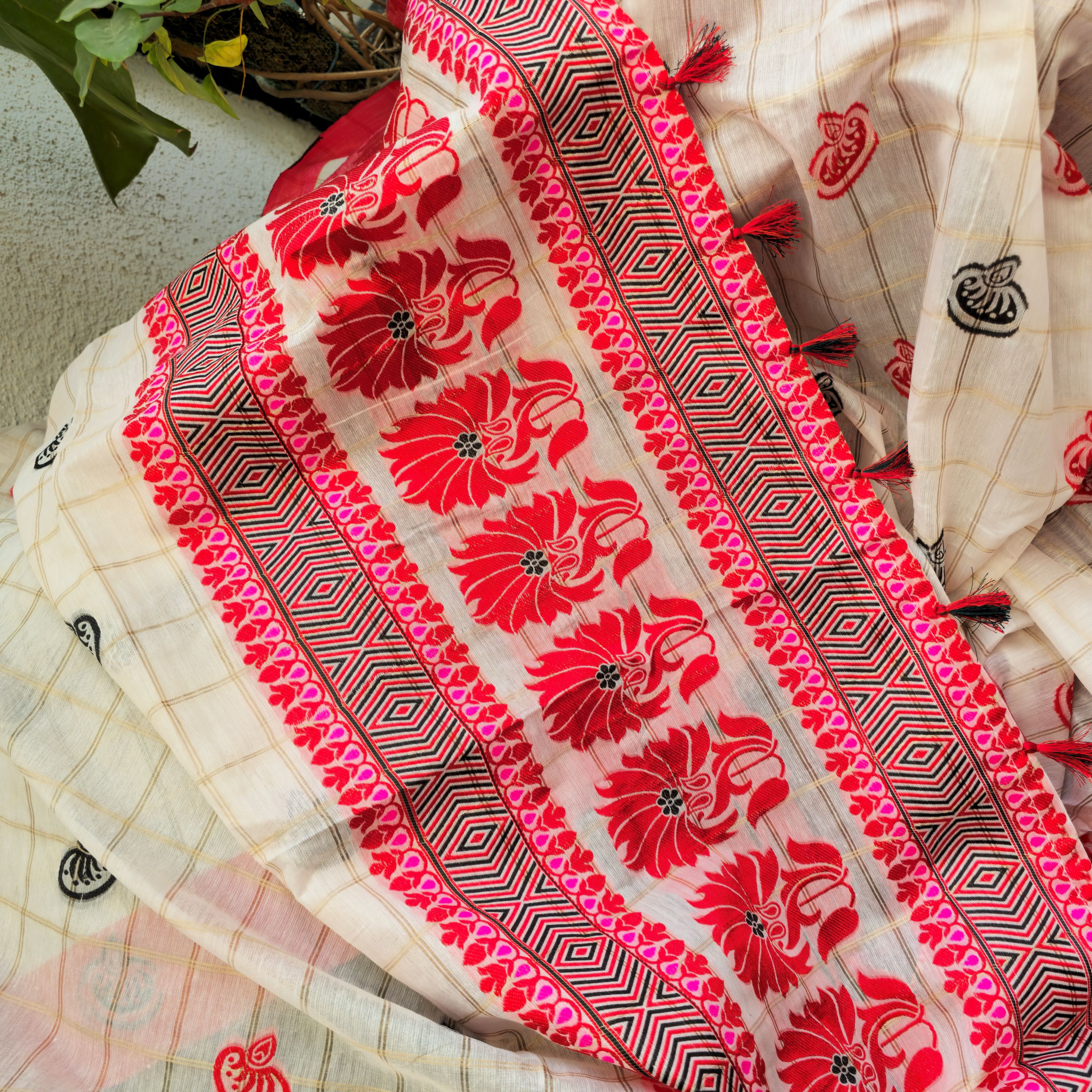 Red and Black Assamese Handloom Sheer Curtain with Kolka and Japi Motifs | Cotton-Silk Blend
