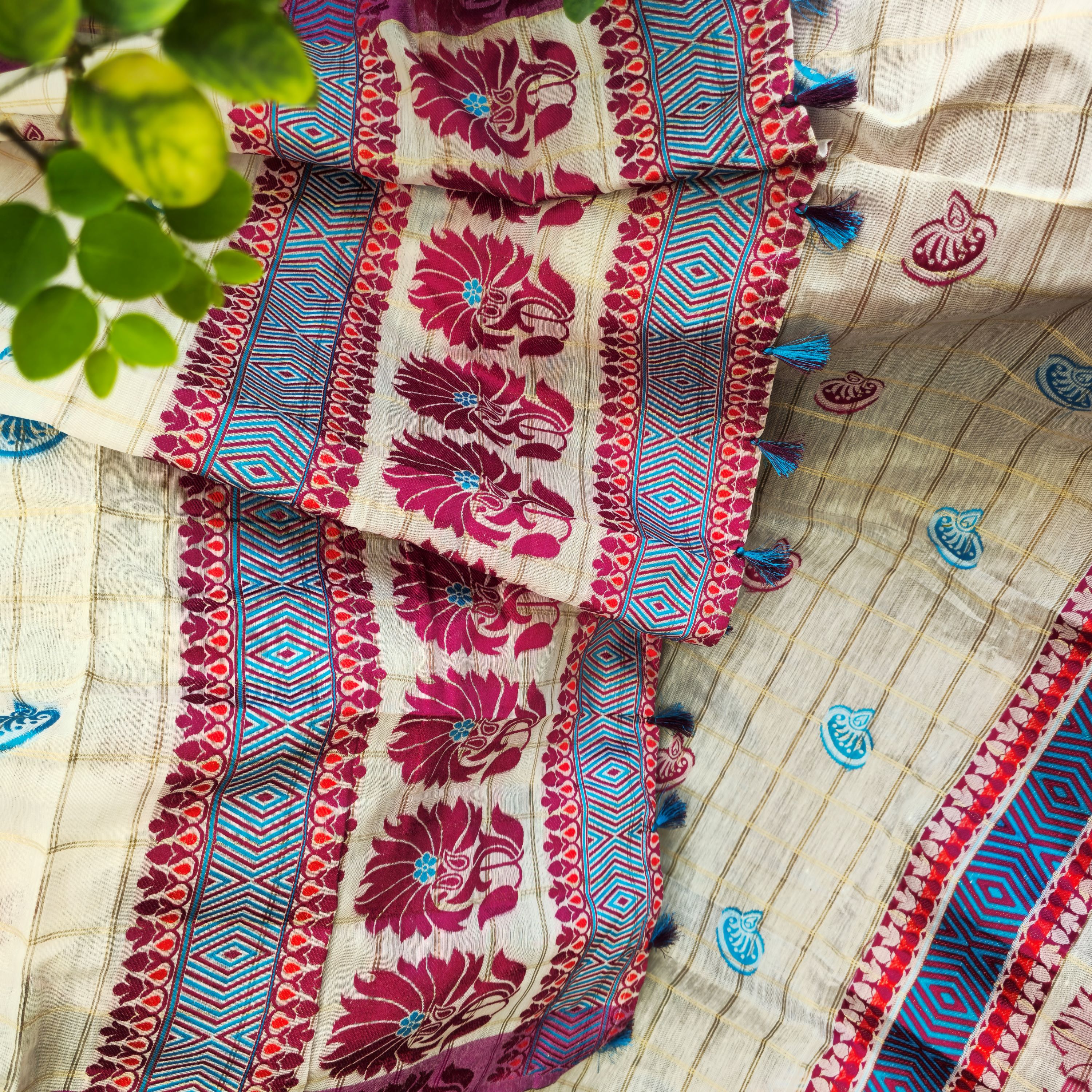 Sky Blue and Magenta Assamese Handloom Sheer Curtain with Kolka and Japi Motifs | Cotton-Silk Blend