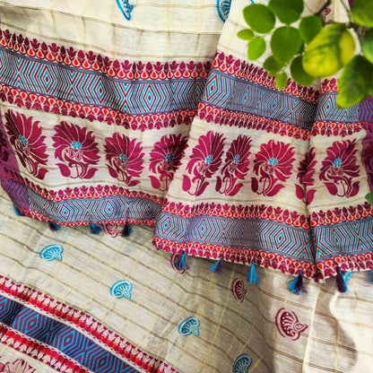 Sky Blue and Magenta Assamese Handloom Sheer Curtain with Kolka and Japi Motifs | Cotton-Silk Blend