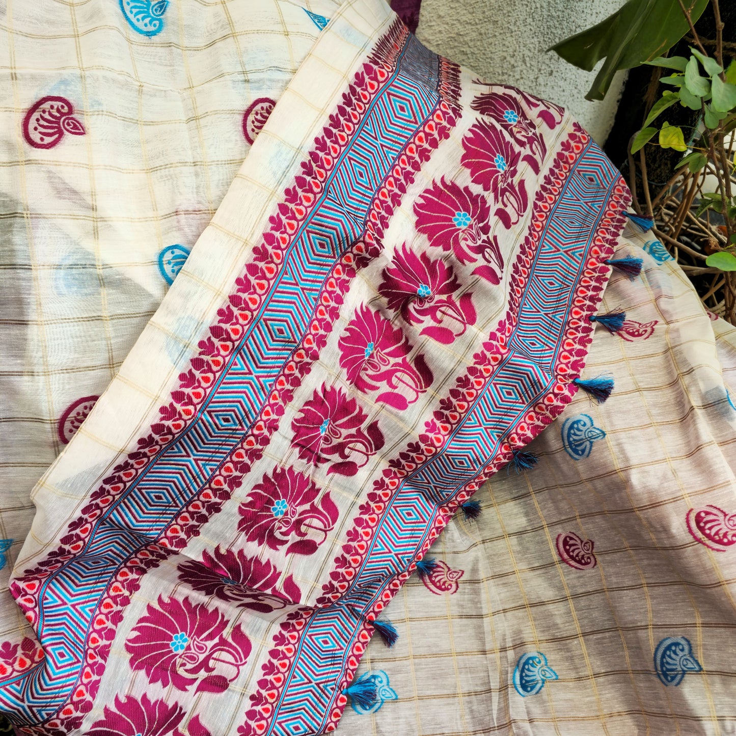 Sky Blue and Magenta Assamese Handloom Sheer Curtain with Kolka and Japi Motifs | Cotton-Silk Blend