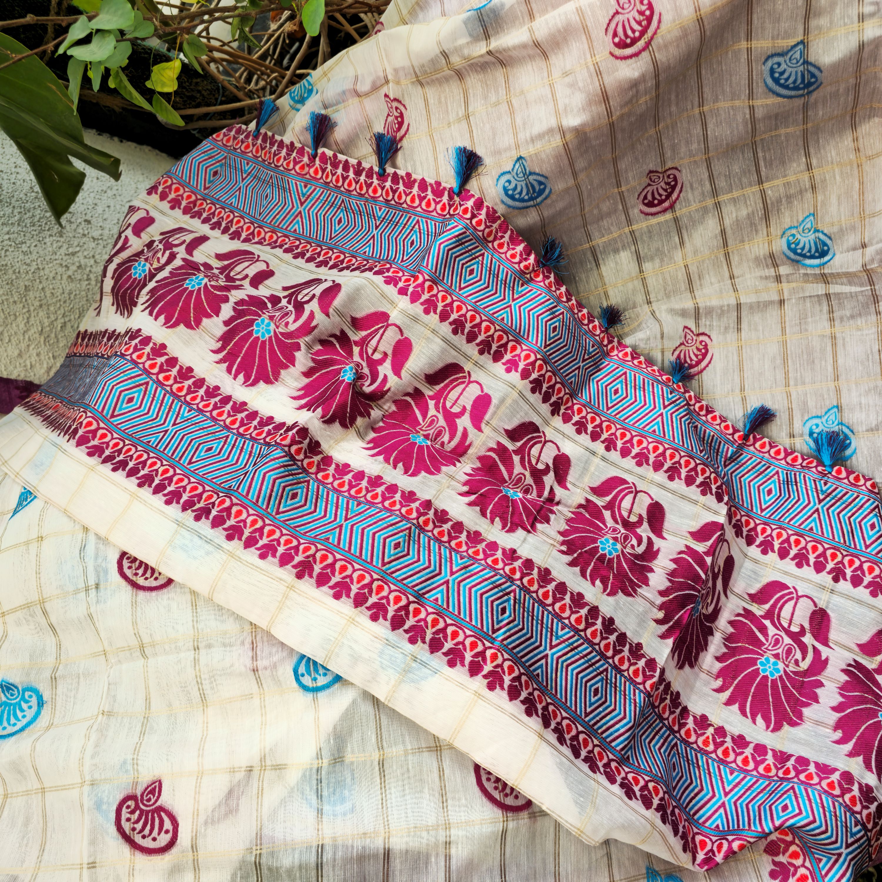 Sky Blue and Magenta Assamese Handloom Sheer Curtain with Kolka and Japi Motifs | Cotton-Silk Blend