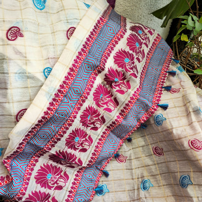 Sky Blue and Magenta Assamese Handloom Sheer Curtain with Kolka and Japi Motifs | Cotton-Silk Blend