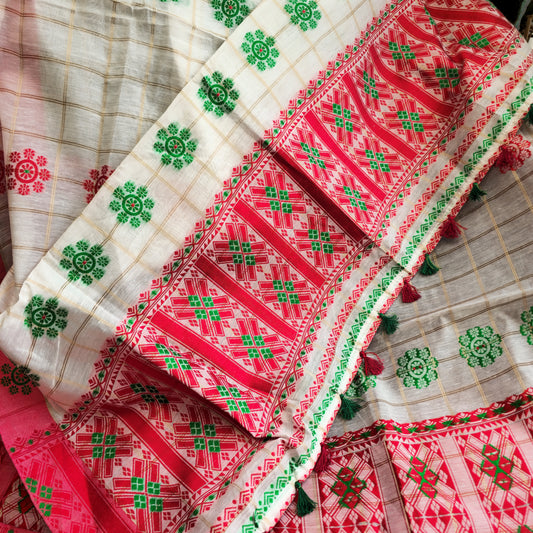 Red and Green Assamese Handloom Sheer Curtain with Traditional Assamese Tribal Motif | Cotton-Silk Blend