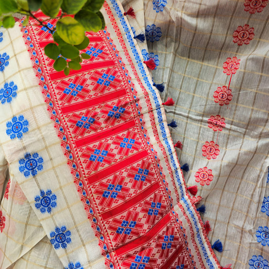 Red and Blue Assamese Handloom Sheer Curtain with Traditional Assamese Tribal Motif | Cotton-Silk Blend