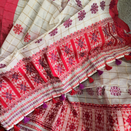 Red and Magenta Assamese Handloom Sheer Curtain with Traditional Assamese Tribal Motif | Cotton-Silk Blend