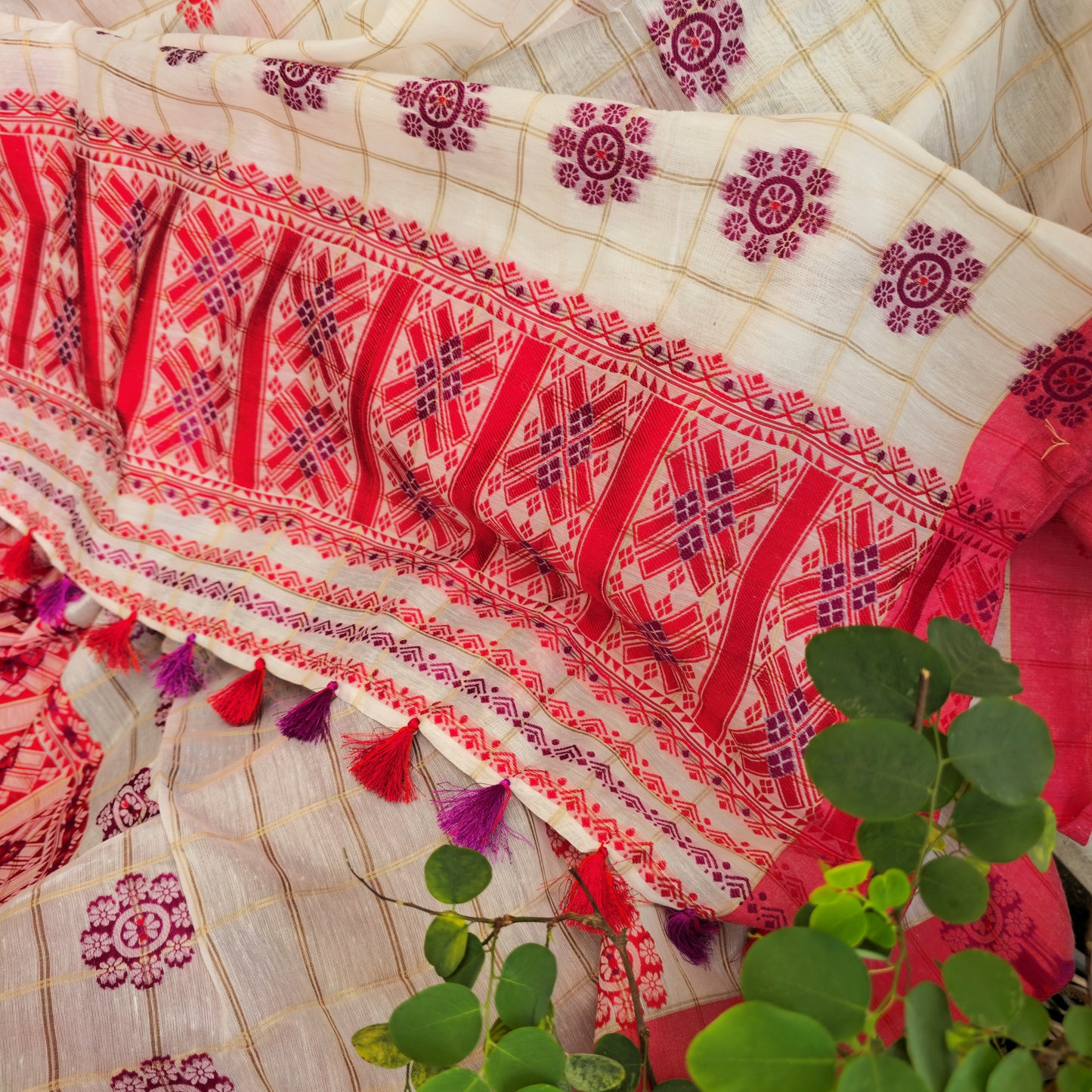 Red and Magenta Assamese Handloom Sheer Curtain with Traditional Assamese Tribal Motif | Cotton-Silk Blend