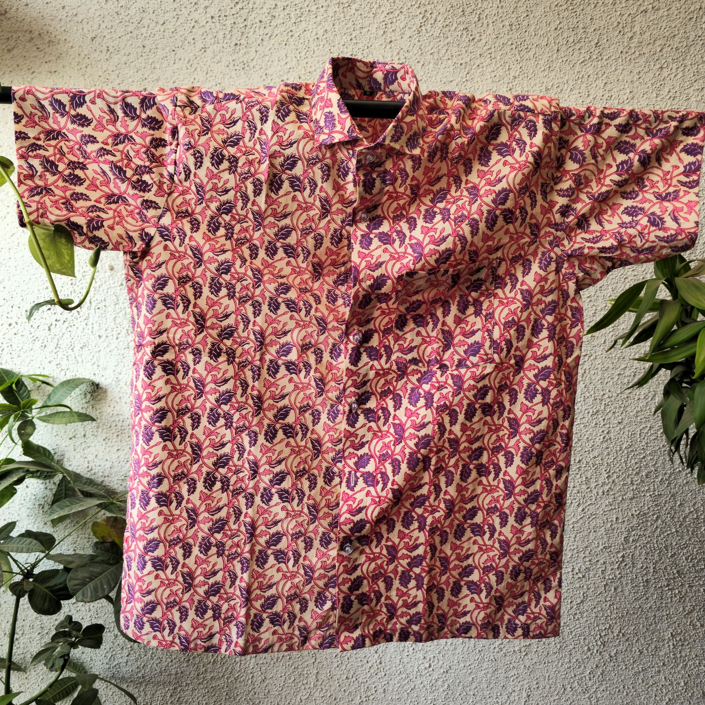 Pink Leaves Print Men's Cotton Shirt