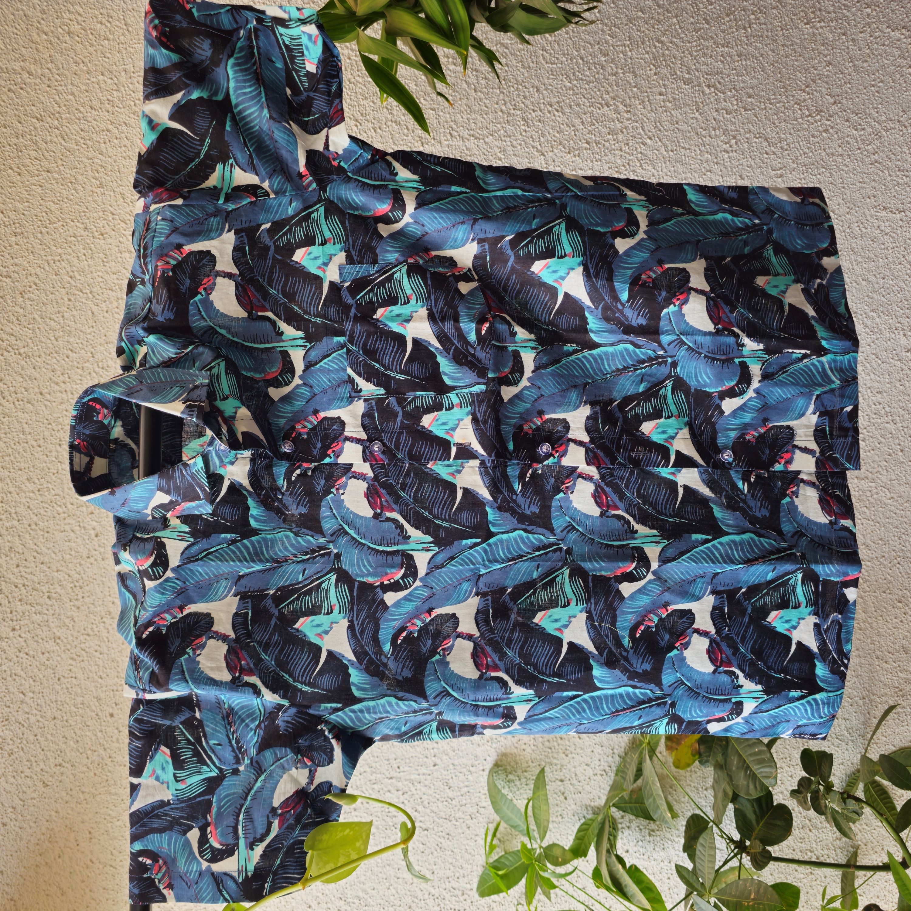 Blue And Green Banana Leaves Men's Cotton Shirt