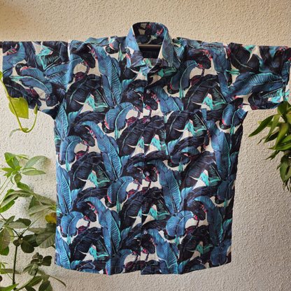 Blue And Green Banana Leaves Men's Cotton Shirt