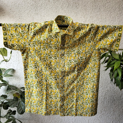 Yellow And Green Leaves Print Men's Cotton Shirt