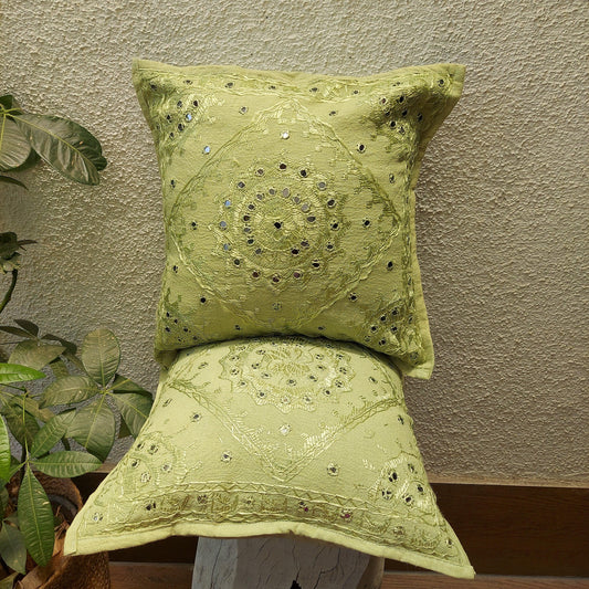 Pista Green Mirror Work Cushion Cover