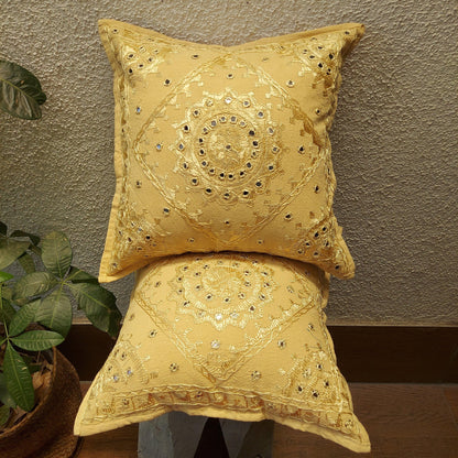 Light Yellow Mirror Work  Cushion Cover | 16 x 16 Inch